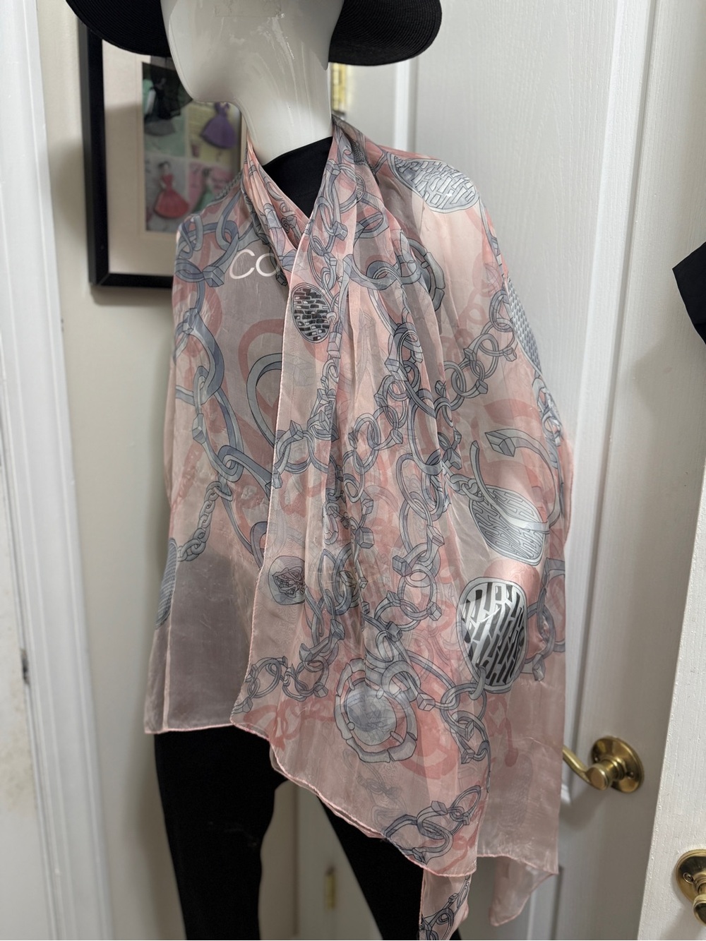 Gucci Pink & Gray Chain-Print long silk Sheer Scarf because light color
